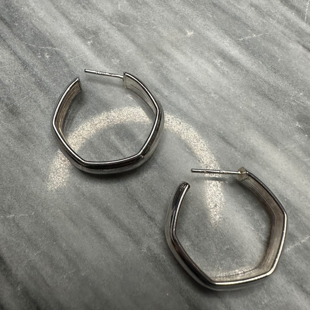 Italian Sterling Silver Hexagon Hoop Earrings Geometric 925 Silver Made in Italy